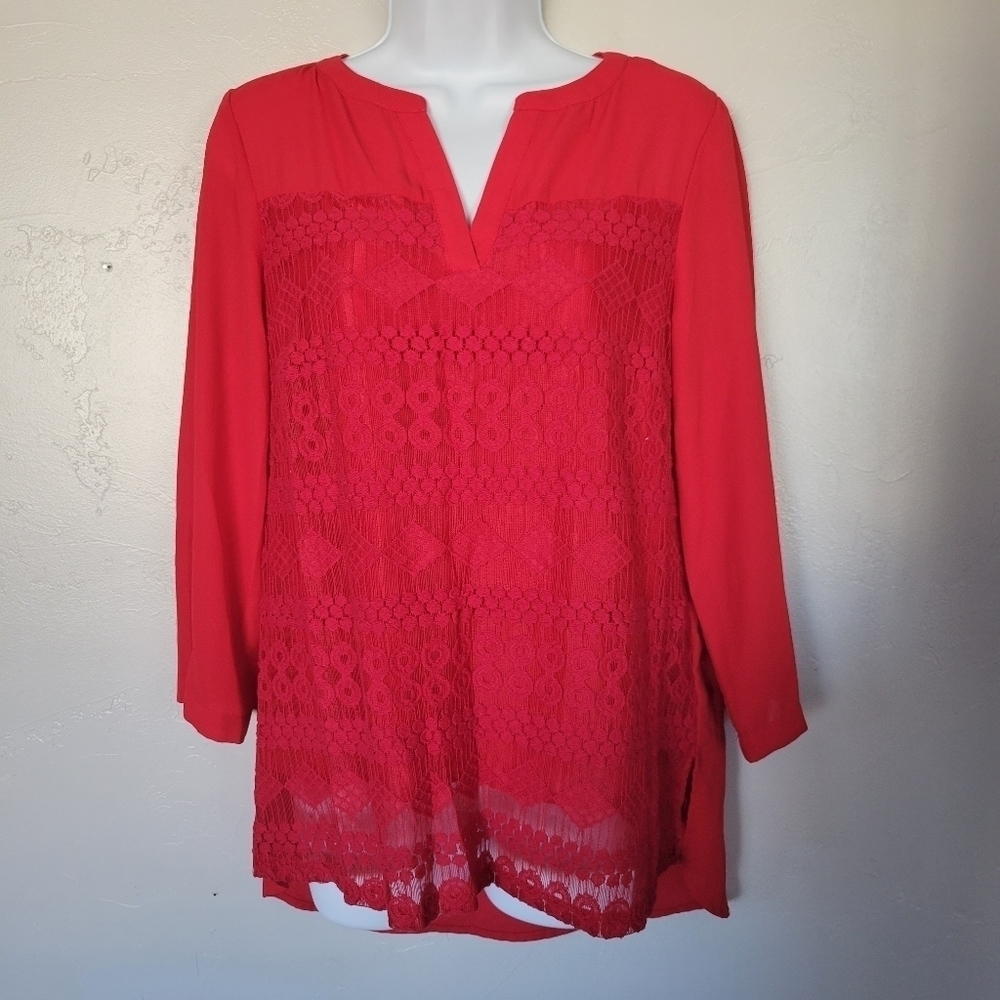 Zac & Rachel Red Long Sleeve Blouse Lace Pattern Front Chiffon V-neck Medium